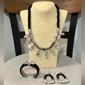nOir JEWELRY THICK BLACK CORD; CZ STONES; WHITE BRASS-PLATED NECKLACE SET